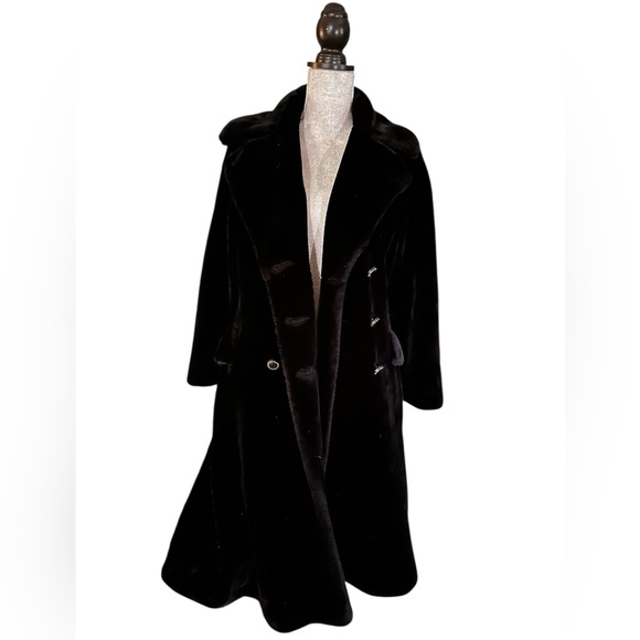 Vintage 60s Borgazia Double Breasted Black Faux Fur Coat w/ Gold Buttons - Picture 4 of 17